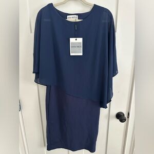 Hanna Nikole Navy Blue Sleeveless Cape Dress with Chiffon Overlay NEW WITH TAGS